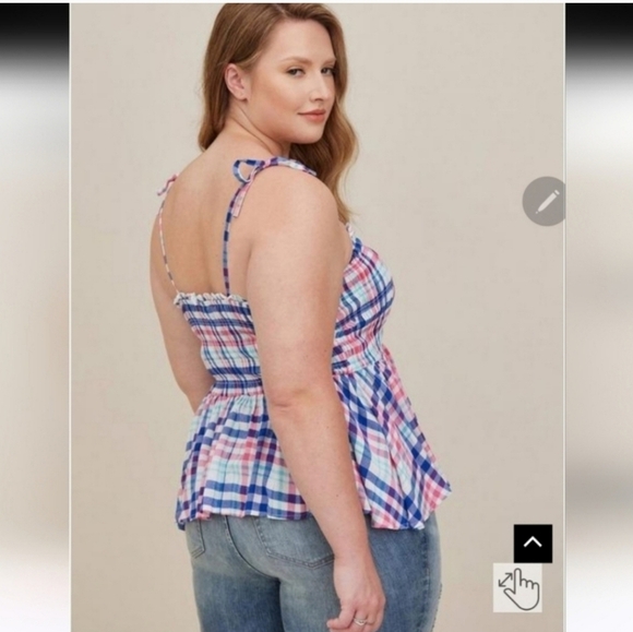 Nwot Torrid 2 Peplum Smocked Bodice Cami - Crinkle Gauze Plaid White - Picture 2 of 5